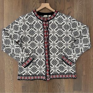 L.L. Bean Cotton Fair Isle Knit Cardigan Sweater in Black, White, Red Medium